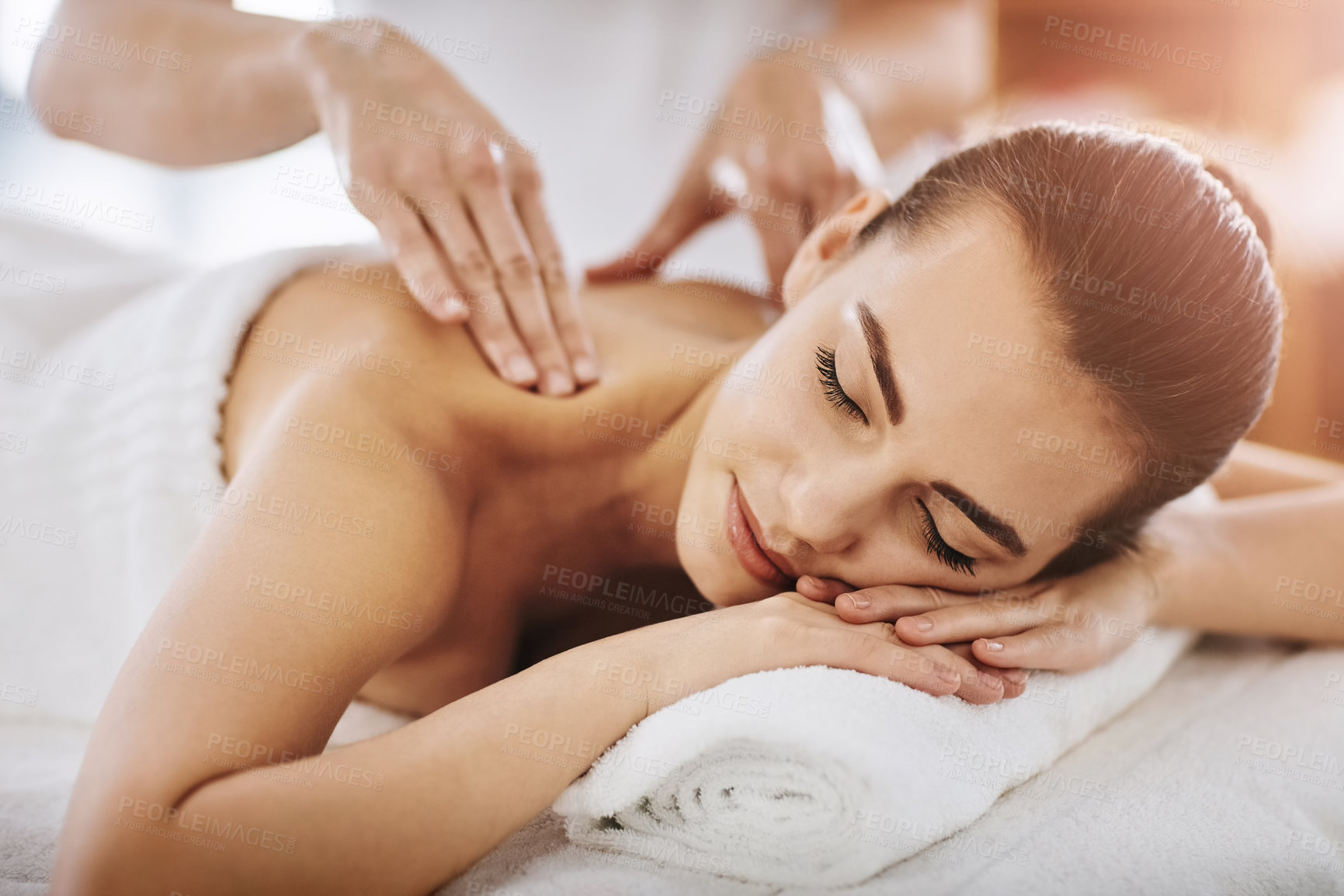 Buy stock photo Relax, calm and massage with woman in spa for wellness, luxury and cosmetics treatment. Skincare, peace and zen with female customer and hands of therapist for physical therapy, salon and detox