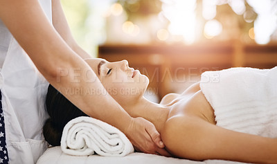 Buy stock photo Healing, beauty and massage with woman in spa for wellness, luxury and cosmetics treatment. Skincare, peace and zen with female customer and hands of therapist for physical therapy, salon and detox