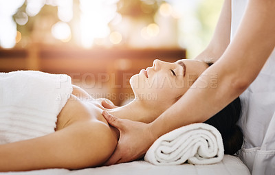 Buy stock photo Skincare, beauty and massage with woman in spa for wellness, luxury and cosmetics treatment. Relax, peace and zen with female customer and hands of therapist for physical therapy, salon and detox