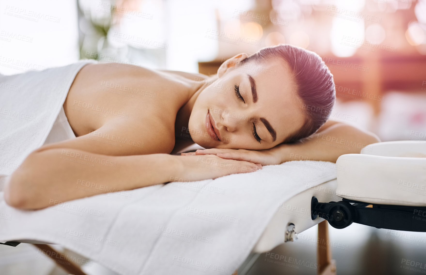 Buy stock photo Beauty, relax and sleeping with woman at spa for massage therapy, zen and skincare treatment. Detox, holistic healing and salon with person at hotel resort for cosmetics, wellness center and pamper 