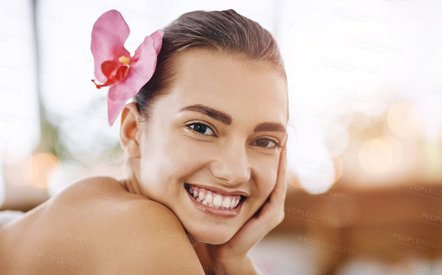 Buy stock photo Flower, massage and relax with portrait of woman at spa for luxury treatment, skincare therapy or zen. Detox, holistic healing and salon with smile of person for cosmetics or paper in wellness center