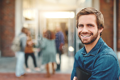 Buy stock photo Man, portrait and smile at university for knowledge, higher learning and development. Male student, college campus and excited for scholarship opportunity with happiness and pride for education