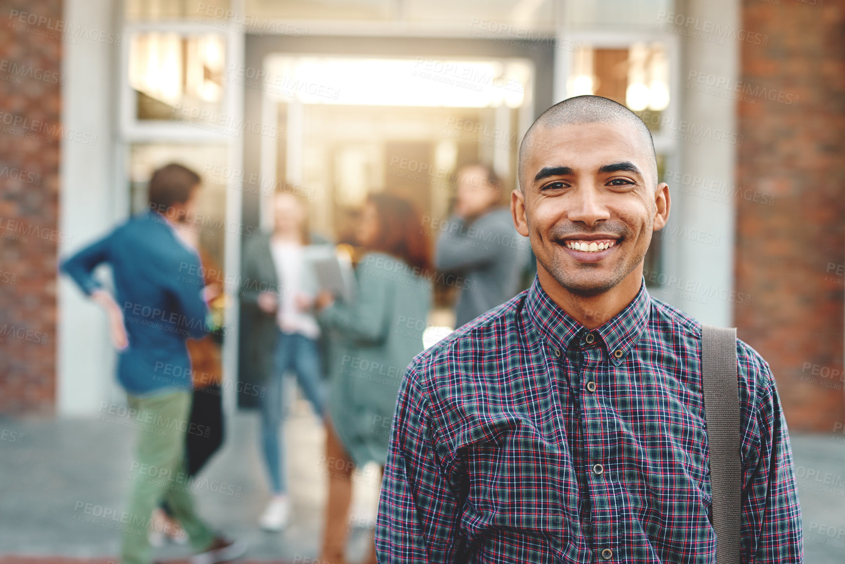 Buy stock photo Portrait, happy man or college student on outdoor campus in university for opportunity, future or study. Confident, biracial person or proud scholar with smile for school, education or scholarship