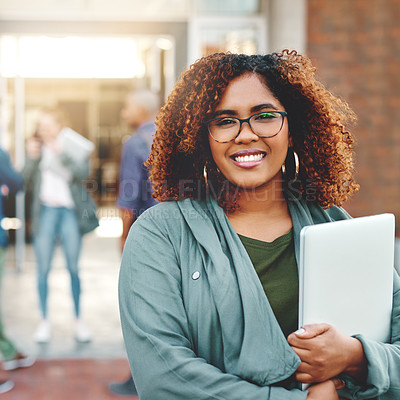 Buy stock photo Portrait, university and woman with a laptop, outdoor and education with career development, growth and skills. Face, happy female person and student with a pc, technology and college with knowledge