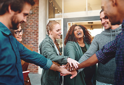 Buy stock photo Smile, students and friends with hands stack for support at university, agreement and synergy of studying goal. Diversity, happy and people with team building, trust and learning for knowledge growth