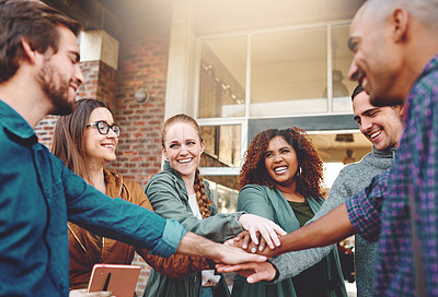 Buy stock photo Excited, teamwork and students with hands in stack for support at university, agreement and studying goal. Diversity, smile and happy people with group, community and learning for education growth