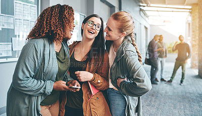 Buy stock photo Communication, talking and girl friends laughing together outside a building speaking about gossip. Happy, diversity and women with smile bonding and listening to comedy jokes on the internet outdoor
