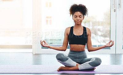 Buy stock photo Peace, yoga and home with woman, meditation and exercise with wellness, summer and fitness. Body care, lotus pose and girl with peace, sunshine and breathing with progress, zen and health with smile