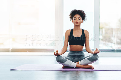 Buy stock photo Home, black woman and yoga with lotus pose for peace, meditation and zen healing indoor with lens flare. Health, fitness and female person with mockup space, spiritual balance and freedom at gym 