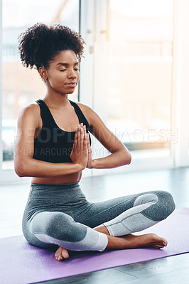 Buy stock photo Praying hands, peace and woman on floor for meditation, zen and mental health wellness in house. Balance, mindfulness or gen z girl with spirituality, worship and gratitude for holistic stress relief