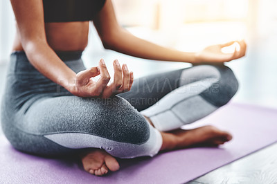 Buy stock photo Hands, woman and meditation in yoga class with closeup of lotus pose for energy flow and spiritual growth with mindfulness. Girl, calm and peace for mental health, zen and exercise for stress relief.