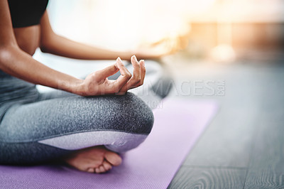 Buy stock photo Hands, girl and meditation in yoga class with closeup of lotus pose for energy flow and spiritual growth with mindfulness. Woman, calm and peace for mental health, zen and exercise for stress relief.