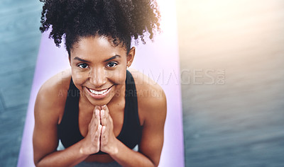 Buy stock photo Portrait, yoga and home with woman, smile and exercise with body care, sunshine and fitness. Face, person and girl with peace, training or breathing with progress, zen and chakra with wellness or joy