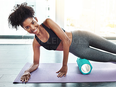 Buy stock photo Portrait, smiling and girl on mat, foam roller and training at home, yoga and cool down for wellness, muscle relaxation and health. Fitness, exercise and activity for workout, happy and massage