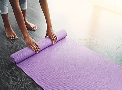 Buy stock photo Hands, yoga mat and roll on floor for exercise, meditation or spiritual training in home, gym or living room. Woman, workout mockup or pilates class for balance, fitness or mind and body wellness  