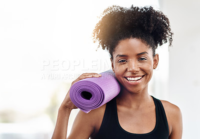 Buy stock photo Woman, yoga mat and fitness with smile for wellness in confidence in gym for health with pilates. Exercise, healthy and physical activity with pride, sportswear and portrait in studio with equipment