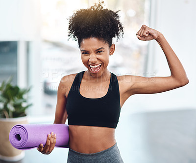 Buy stock photo Black woman, flex and muscle for fitness or portrait of motivated athlete or yoga mat and happy for exercise indoors. Workout, training and girl runner energy or goal for muscle in gym for sports