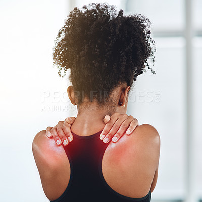 Buy stock photo Rear view, young black woman and suffering from back pain or wearing sports bra or shoulder health and on white background. Afro, girl person and feeling hurt from gym or joint ache and fibromyalgia 