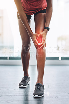 Buy stock photo Hands, pain and knee injury with a woman in studio holding an injury to her joint while training for fitness. Accident, emergency and anatomy with a female athlete suffering from muscle inflammation