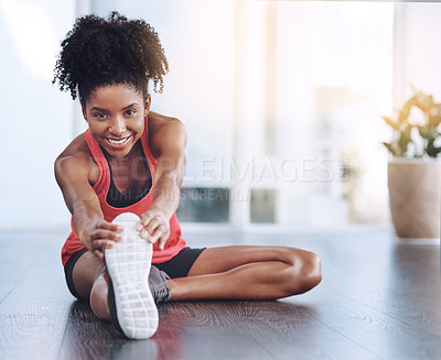 Buy stock photo Happy, black girl and stretching for workout in home to exercise for health or fitness. Portrait, teen and gen z with smile or confident for gym or training, wellbeing and wellness with self care