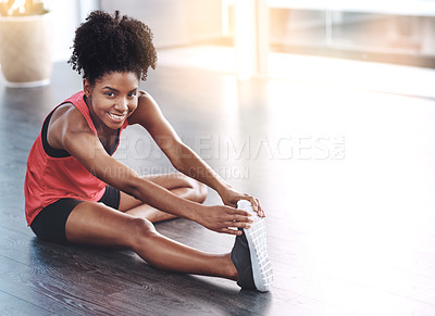 Buy stock photo Smile, black girl and stretching for workout in home to exercise for health or fitness. Portrait, teen and gen z with confidence or happy for gym or training, wellbeing and wellness with self care