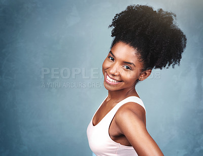 Buy stock photo Smile, fitness and portrait of black woman in studio for health, wellness and body exercise. Happy, sports and African female athlete with positive attitude for workout by gray background with mockup