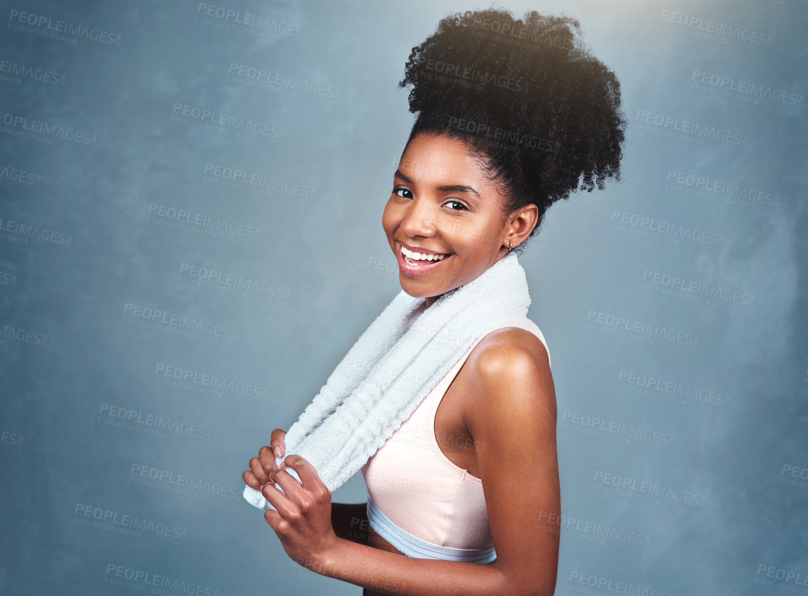 Buy stock photo Studio, fitness and portrait of woman with towel for training hygiene, sports and healthy body. Athlete, cloth and face of person with pride for training, exercise and wellness on blue background