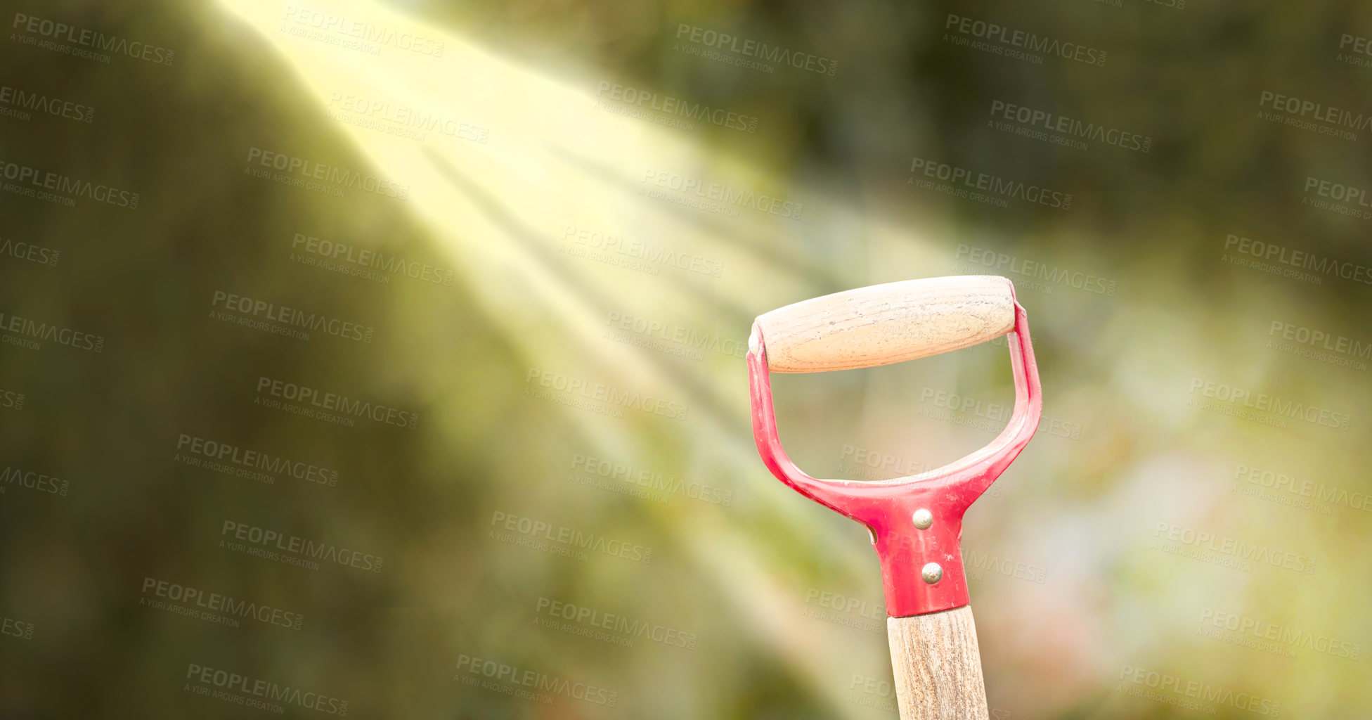 Buy stock photo Sunlight shining on a shovel in a green garden outdoors in the backyard or garden of a house. Closeup of a wooden spade or gardening tool outside in a yard with blurred trees in the background