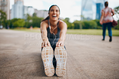 Buy stock photo Woman, fitness and stretching legs with shoes outdoor for healthy body, flexible and exercise. Sports, hands and runner warm up muscle, laugh or listening to music to prepare for workout on city road