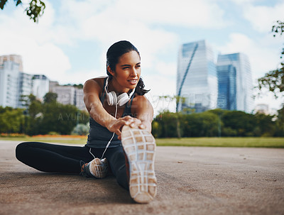 Buy stock photo Woman, fitness and stretching legs in city outdoor for healthy body, flexible and exercise for wellness. Sports, start and runner warm up muscle to prepare for workout, training or marathon on road