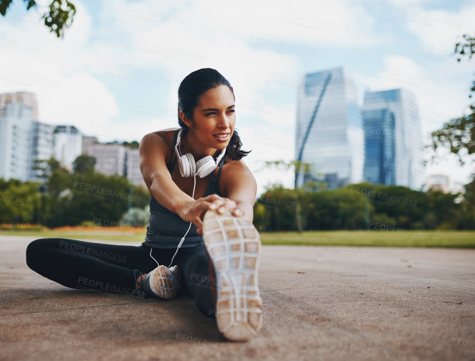 Buy stock photo Woman, fitness and stretching legs in city outdoor for healthy body, flexible and exercise for wellness. Sports, start and runner warm up muscle to prepare for workout, training or marathon on road