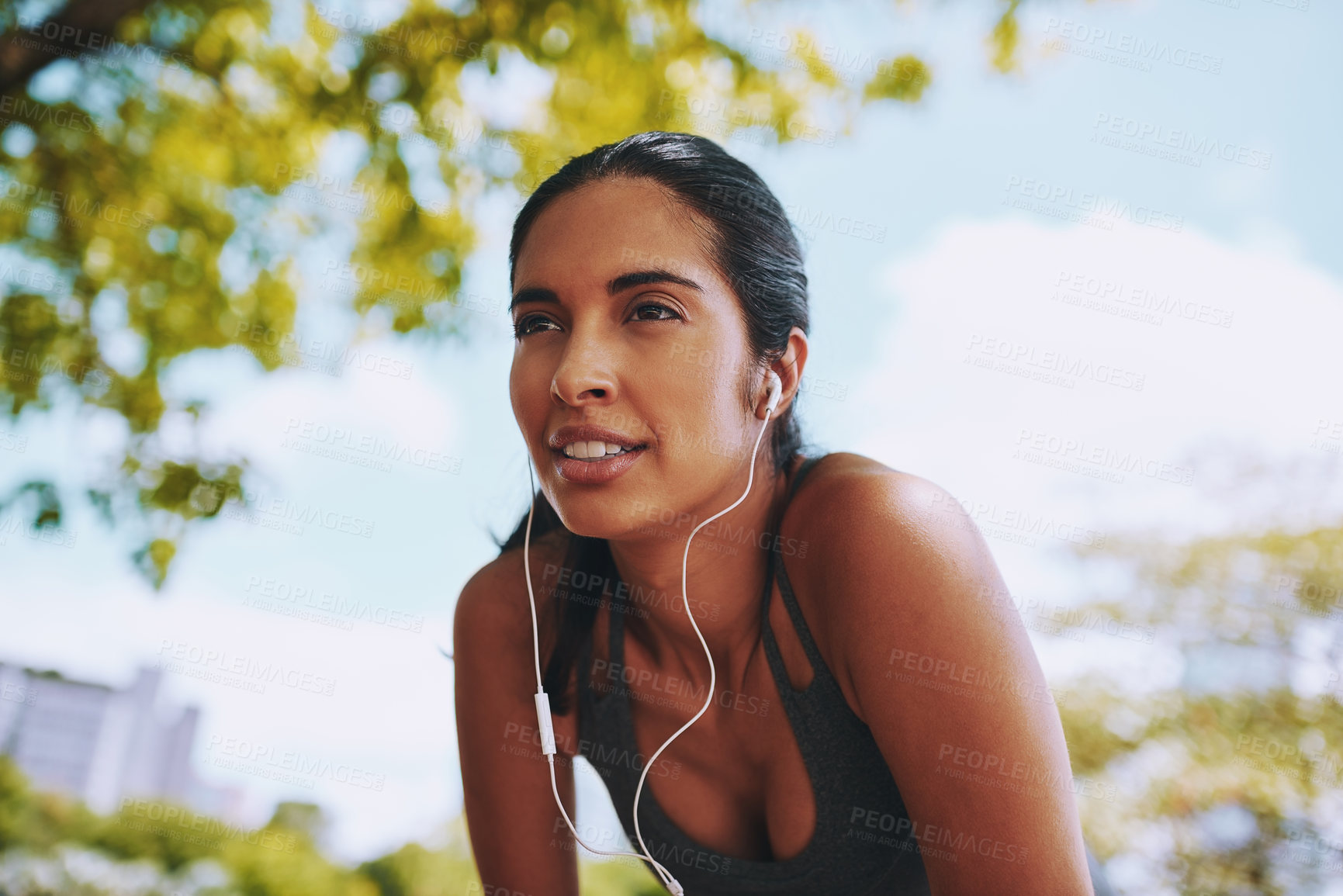 Buy stock photo Fitness, rest and woman in park with earphones for exercise, marathon training and running for wellness. Sports, music and person breathe listening to workout playlist, audio and radio for health