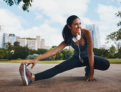 Buy stock photo Happy woman, fitness and stretching legs at park in city for healthy body, flexible and exercise for wellness. Sports, start and runner warm up muscle to prepare for workout, training or lose weight