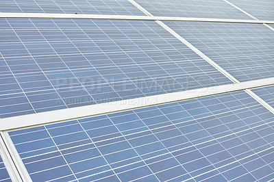 Buy stock photo Farm, electricity and closeup of solar panels for sustainability, eco friendly and renewable energy. Photovoltaic cell, grid and station for environment, alternative power and heat production