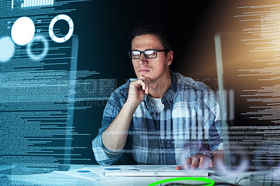 Buy stock photo Male IT computer engineer working on a futuristic hologram or cgi screen at his office desk. Tech designer working on technology to test new and innovative data. Web developer work on a digital code 