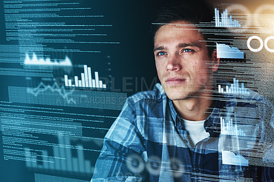 Buy stock photo A young, futuristic and professional male computer programmer working on a new source code. A smart and intelligent man busy coding while looking at digital and virtual data or software