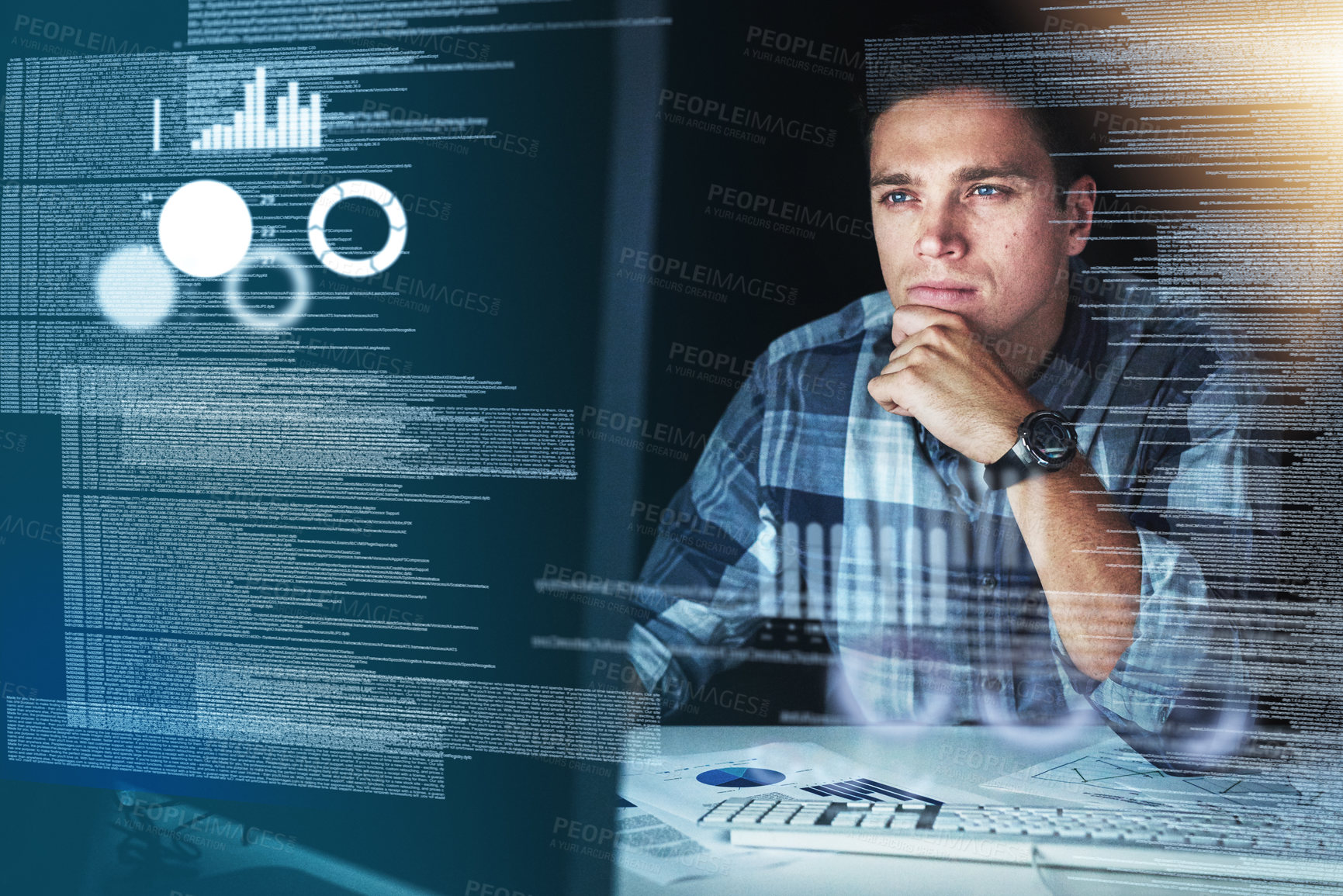 Buy stock photo Computer programmer, software developer, or engineer working on computer database with futuristic CGI graphic data. Male information technology coder or a IT programmer coding company cyber security