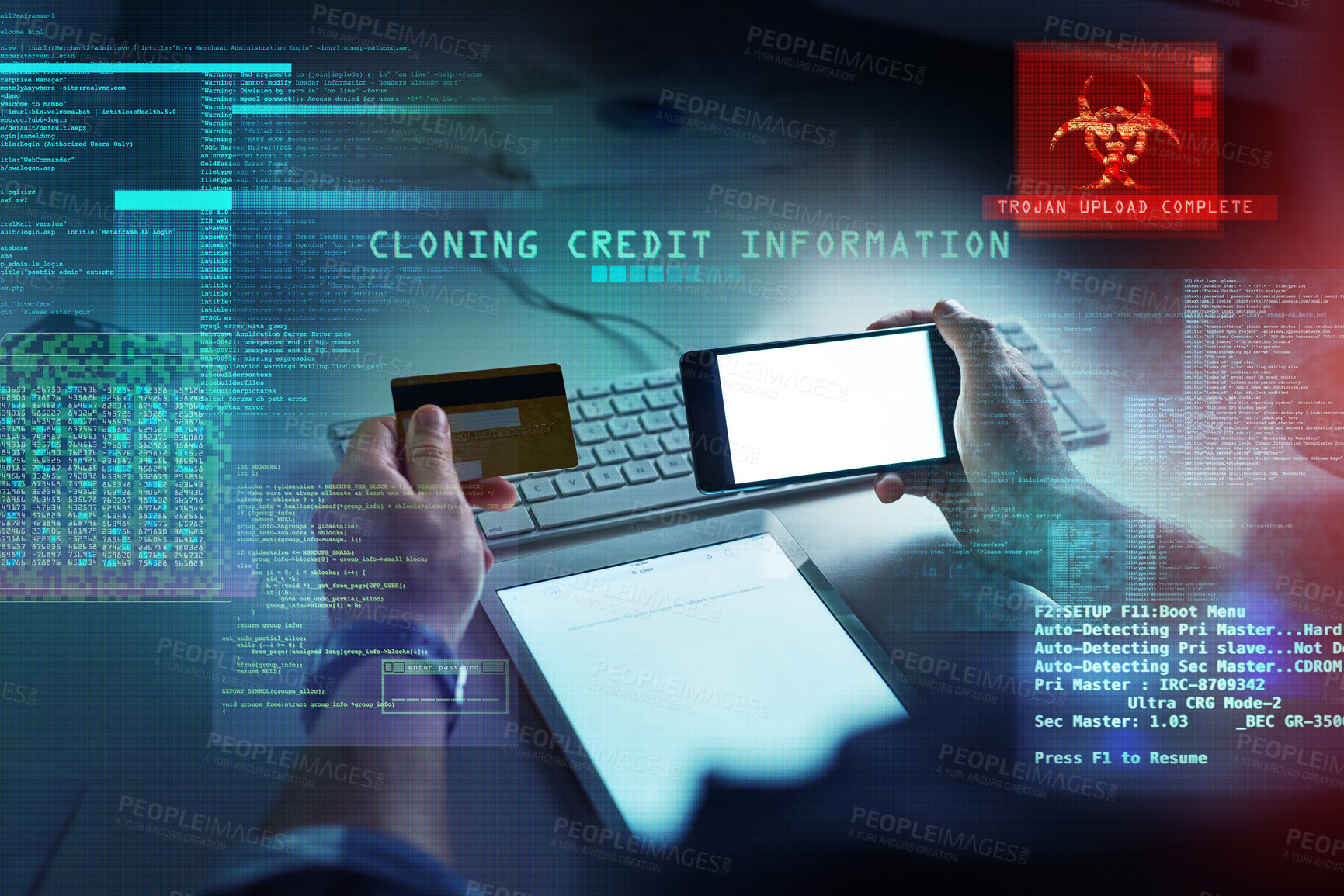 Buy stock photo Cyber security, hacking and fraud with a computer hacker holding a credit card and phone while cloning a bank account. Theft, crime and data protection with CGI, special effects or overlay background