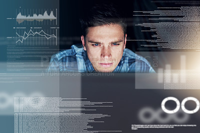 Buy stock photo IT, programmer and man with hologram, data analysis or digital software with security analytics. Male person, employee and coder with concentration, holographic and coding with programming or info