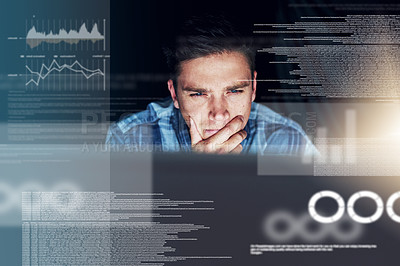 Buy stock photo Thinking computer engineer reading code, cgi data and analyzing special effects charts while working late at night. Confused and serious web developer planning, designing and developing SEO website