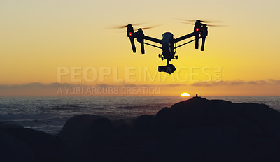 Buy stock photo Shot of a drone flying outdoors