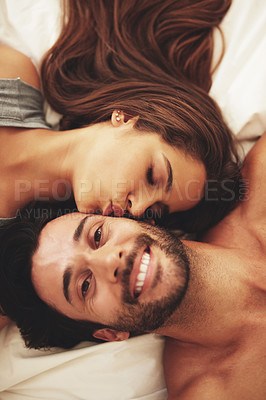 Buy stock photo High angle portrait of a happy young couple sharing an affectionate moment at home