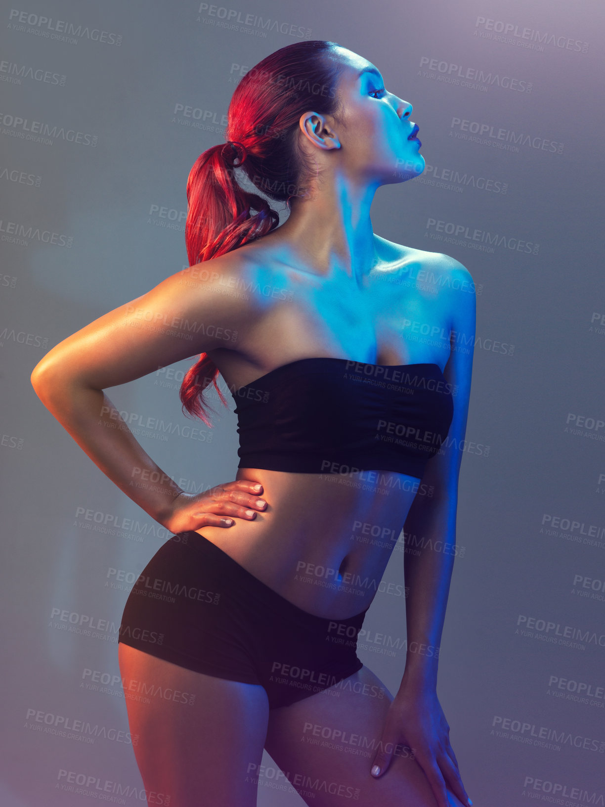 Buy stock photo Woman, bikini and fitness in studio with confidence for healthy body, wellness and glow skin. Model, person and underwear or lingerie for fashion, self care or cosmetics with pride on neon background