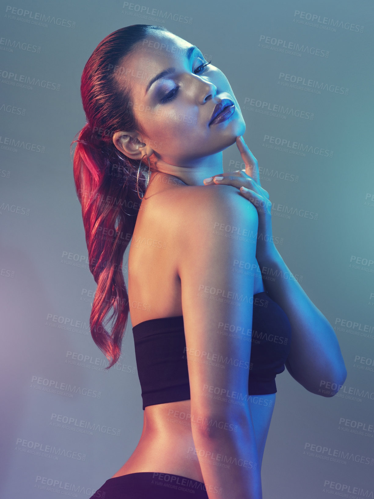 Buy stock photo Neon, aesthetic and woman in studio with fashion, confidence and cyberpunk inspiration. Art, identity and gen z model girl with creative style, futuristic culture and thinking on gradient background.