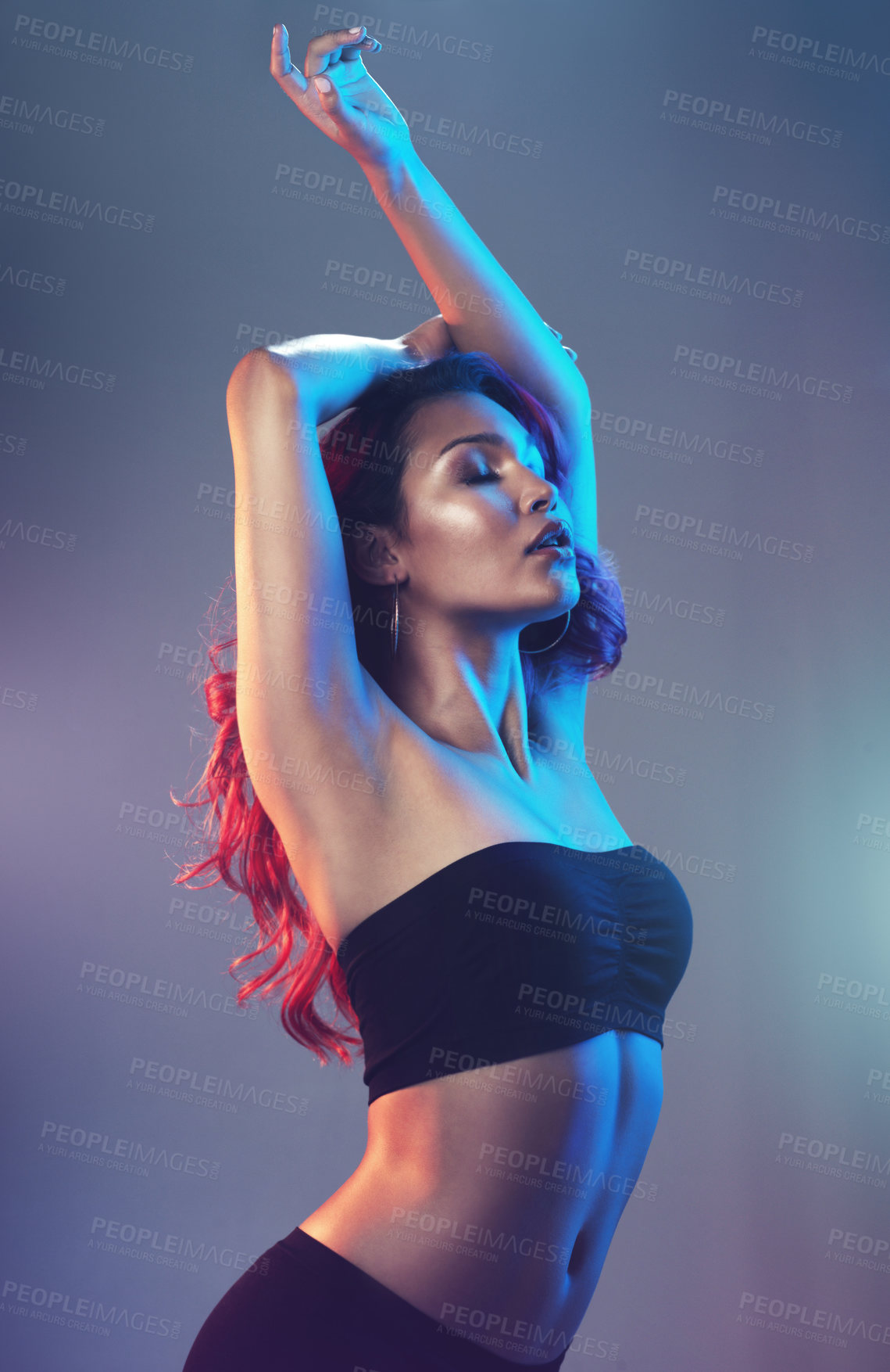 Buy stock photo Neon, creative and woman in studio with fashion, confidence and cyberpunk inspiration. Art, identity and gen z model girl with aesthetic style, futuristic culture and thinking on gradient background.