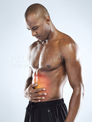 Buy stock photo Cropped shot of an athletic young man with cgi highlighting his injury against a grey background