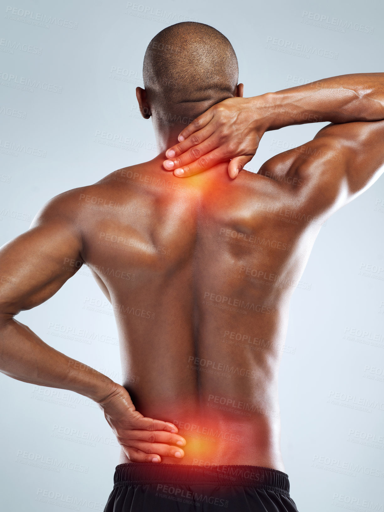 Buy stock photo Back pain, stress and black man with neck injury, muscle tension and accident on white studio background. African person, model or athlete with emergency, red highlight or physiotherapy for bruise