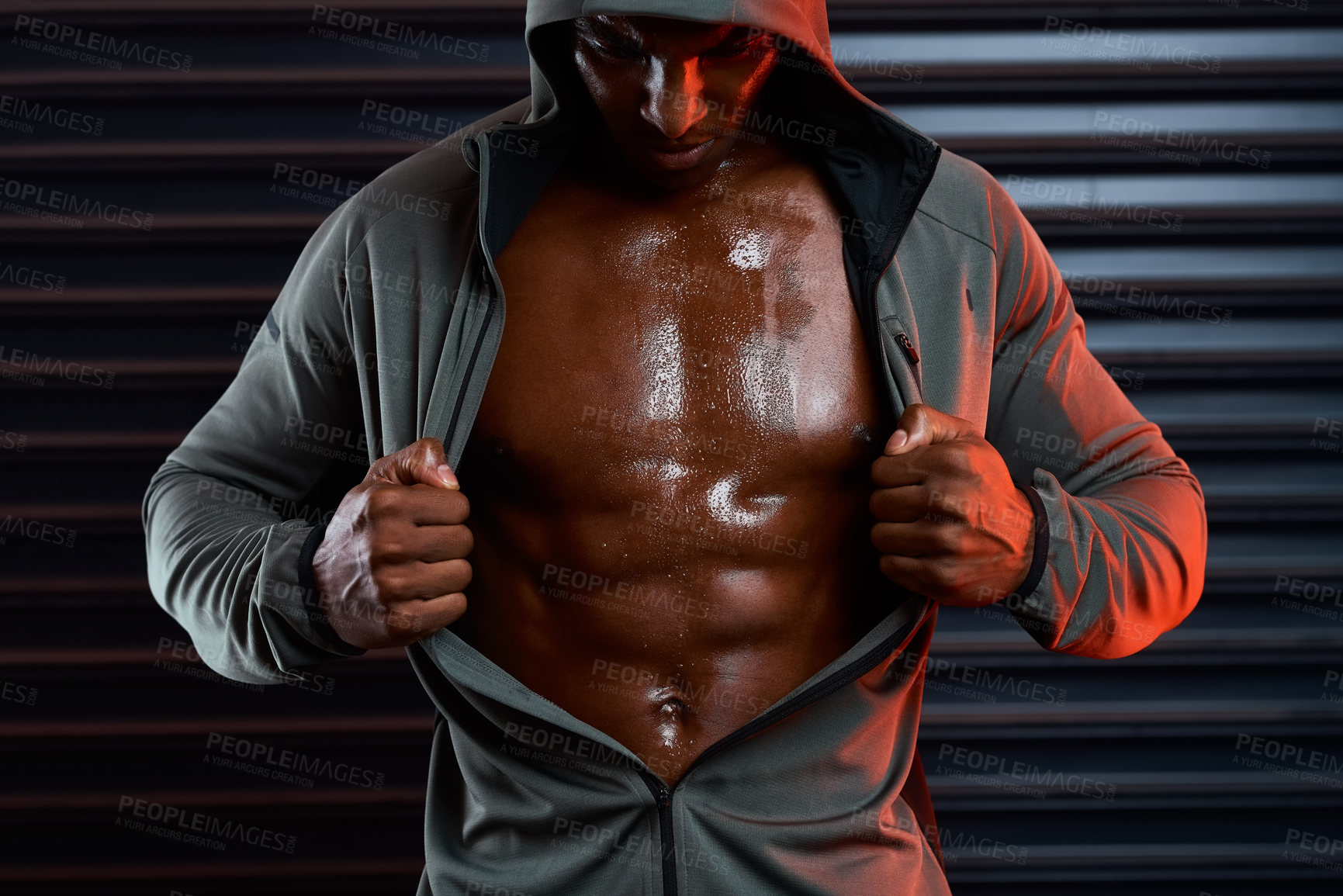 Buy stock photo African man, muscle and exercise for athlete, fitness and healthy for bodybuilding, abs and ready for boxing. Black background, competitive and person with strength, confidence and proud of body