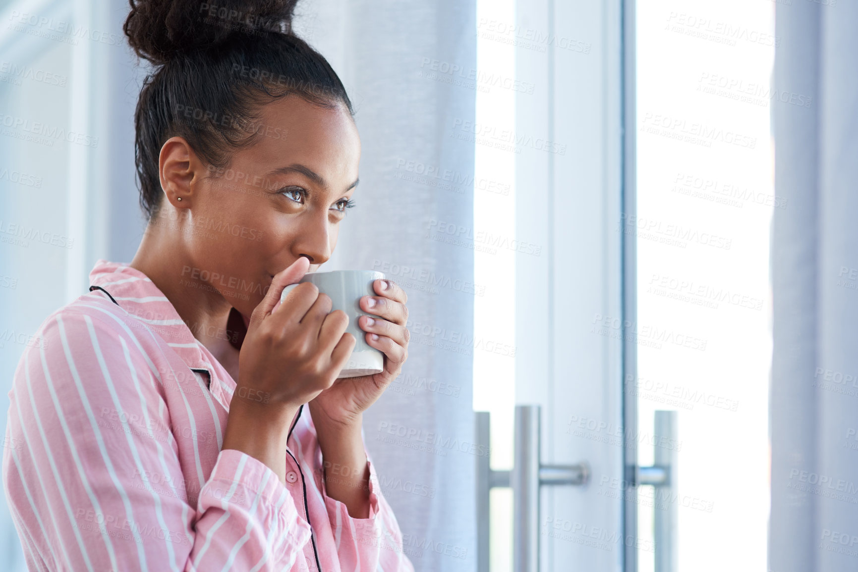 Buy stock photo Coffee, thinking and woman by window in home for morning, wake up and happy on weekend. Female person, idea and hot drink in living room for wellness, hydration and inspiration for self care 