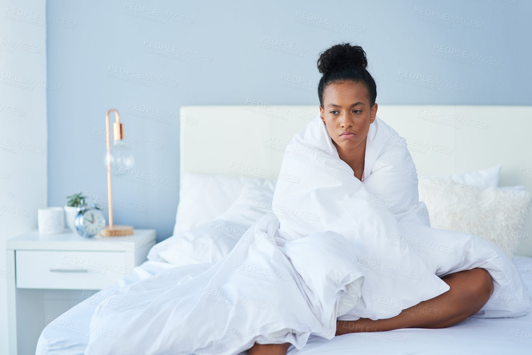 Buy stock photo Woman, grumpy and bedroom as unhappy with insomnia on weekend for home, sleep or rest with depression. Female person, tired and waking up for mental health, wellness and thinking in morning routine